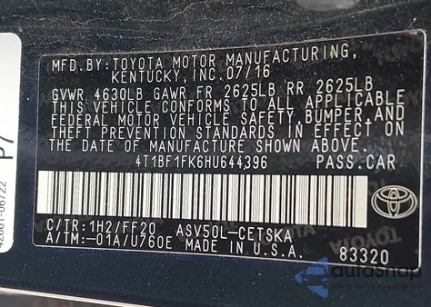 2017 Toyota Camry Se from USA, damaged, VIN 4T1BF1FK6HU644396